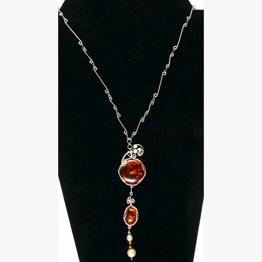 image of Necklace Argentium Silver Amber Pearls 001