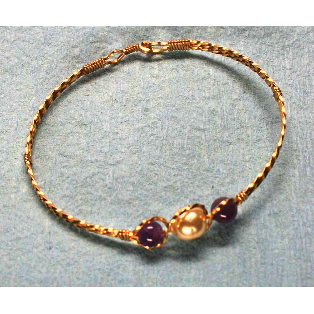 image of Three Bead Bangle Rolled Gold Amethyst Pearl 001