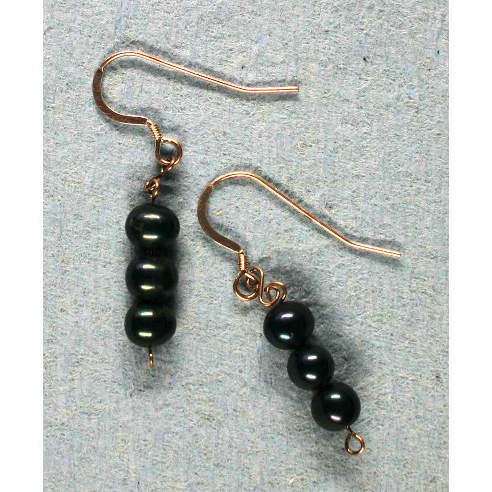 Three Bead Drop Earrings Black Onyx Rolled Gold 001Image with link to high resolution version